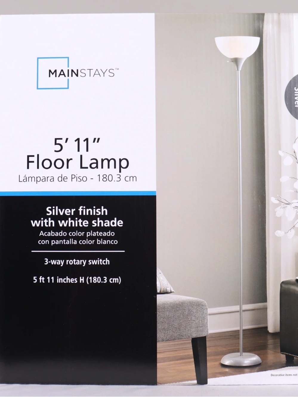Bundle of 2 Mainstays Silver Floor Lamp with White Shade